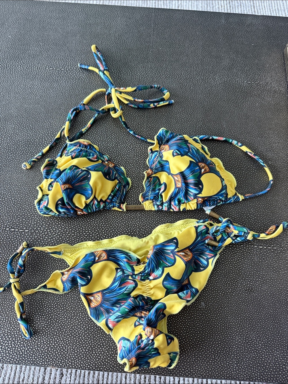 Yellow Floral Ruffle Tie-String Bikini Set